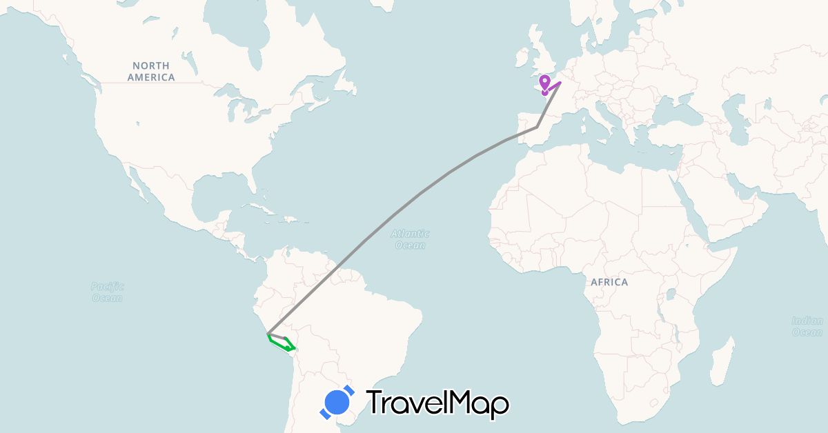 TravelMap itinerary: driving, bus, plane, train, hiking, boat in Spain, France, Peru (Europe, South America)